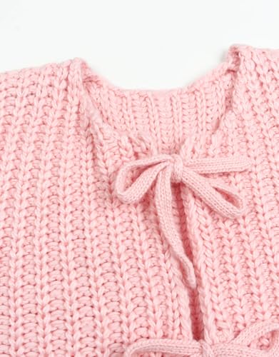 Image of Trendy Cardigan Sweater Vest Crochet Knit Top Sleeveless Bows with Pockets