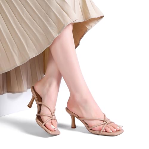 Image of Goderci Kitten Strappy Heels for Women Knotted Square Open Toe Slip On Mule Heels Mid Heeled Sandals