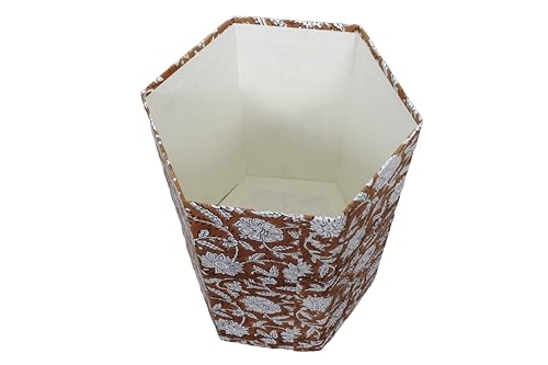 Image of 3.3 Gallon Cotton Hand Block Printed Paper Waste Basket |Small Decorative Trash Can for Housewarming Gifts in Living Room, Bedroom, Bathroom | Eco-Friendly, Plastic-Free (1, Brown White FLOWAR)