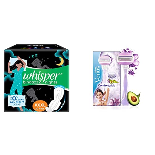 Image of Whisper Night Xxxl 20 And Gillette Venus Breeze Hair Removal Razor For Women With Avocado Oils & Body Butter, Freesia Scent
