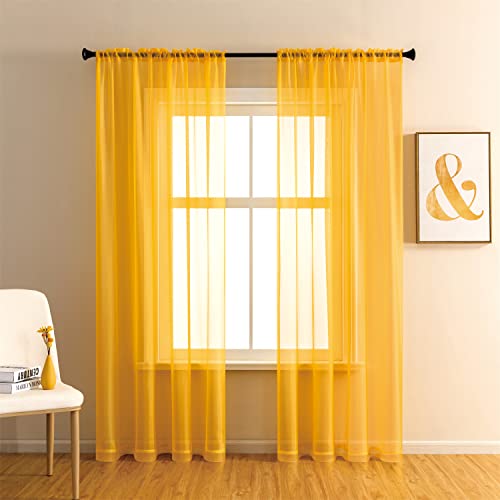 GYROHOME Lot de 2 voilages à Passe-Tringle, Filtre la lumière du Soleil, protège l'intimité, en Polyester Transparent pour Chambre à Coucher, terrasse, Porte, Jaune doré, 100 x 200 cm