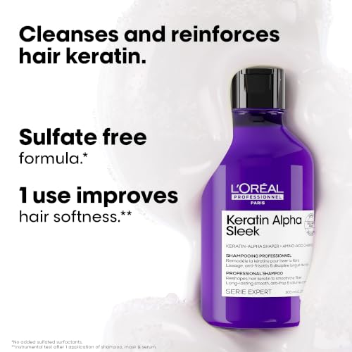 Image of L'Oreal Professionnel Keratin Alpha Sleek Anti-Frizz Shampoo with Sulphate-Free Formula | Frizz Control and Smoothness for frizz hair | Validated on Indian hair | 300 ml