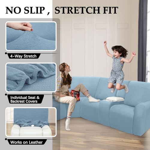 ROFASVCO Waterproof Reclining Sectional Couch Covers Washable L Shaped Couch Cover for Sectionals Recliner Sofa Covers Stretch Corner Recliner Slipcovers(5 Seater 1 Console Cover, Light Blue) — view 6