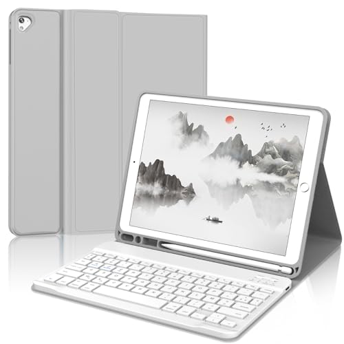 JADEMALL Coque Clavier pour iPad 10.2", iPad 9e/8e/7e Génération 2021/2020/2019, AZERTY Français Clavier sans Fil Housse avec Pen Holder pour iPad 9eme/8eme/7eme Generation, Gris Clair