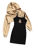 RoseSeek Girls' 2 Piece Outfits Long Sleeve Cropped Hoodies with Cartoon Bear Cami Bodycon Dress 2 Piece Set Multicolor 11-12Y