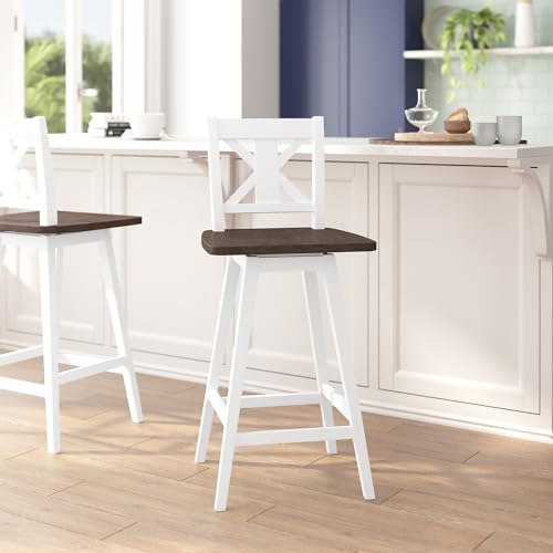 Flash Furniture Butaco estilo Rústico con base y asiento en madera, asiento giratorio 360°, marco en acabado blanco envejecido miniatura 2