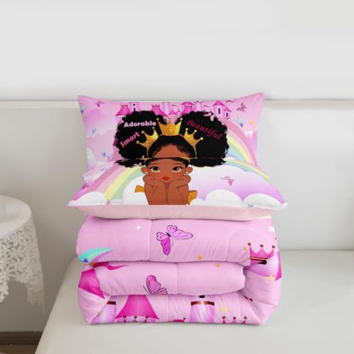 Image of Erosebridal Black Girls King Bedding Set Rainbow Princess Magical Comforter Set for Nursery Kids African American Quilt Black Princess Girl Duvet Insert Pretty Little Girls Inspirational Bed Set