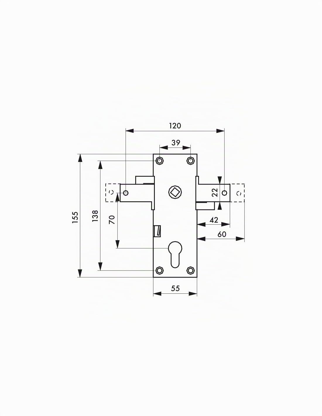 THIRARD - Boitier de Serrure en Applique à Double Entrée à Fouillot pour Garage Basculante - 2 Points Latéraux - Coffre Acier Cambré - 55 x 155 mm - Carré 8 mm - Mécanisme Pêne Dormant - Gris
