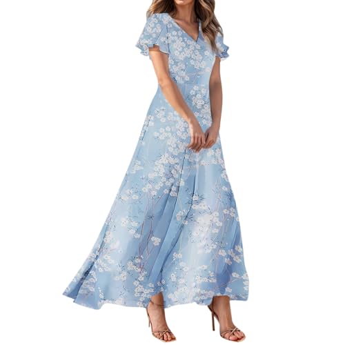 Floral Maxi Dresses for Women 2025 Summer Chiffon Boho Long Dress Elegant Flutter Sleeve Flowy Ruffle Dress Trendy V Neck Garden Party Dress Wedding Guest Dress Beach Sun Dresses Swing Tshirt Dress