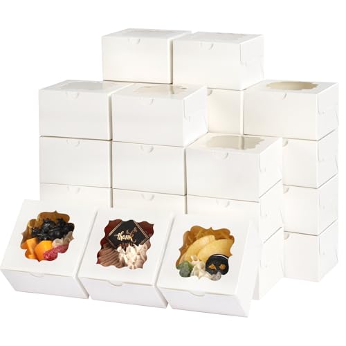 TOMNK 150pcs White Cookie Boxes with Window,4x4x2.5 Inch Small Bakery Boxes, 3 Style, for Dessert, Chocolate Strawberries Donuts and Party Favor