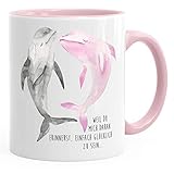 Liebevolles Geschenk zu Weihnachten, Valentinstag und als Dankeschön oder Liebesbotschaft zwischendurch: süße Kaffee-Tasse mit süßem, handgezeichnetem Delfin Pärchen mit Watercolor Stil und 