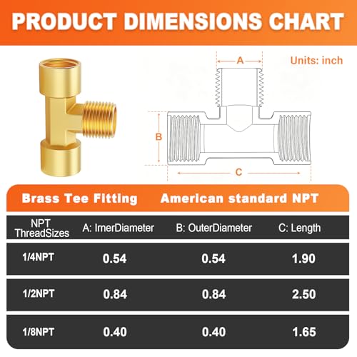 Image of GASHER 2PCS Metals Brass Pipe Fitting Barstock Male Branch Tee T Adapter 1 /4 inch Female x 1 /4 inch NPT Female x 1 /4 inch NPT Male