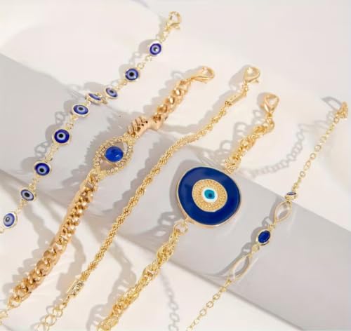 Image of Gold Plated Evil Eye Bracelet Set for Women and Girls, Adjustable Blue Nazar Protection Stackable Chain Bracelet Combo, Crystal Fashion Jewellery, Set of 5