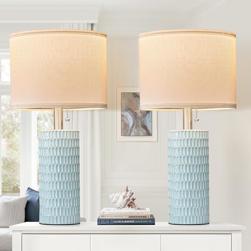 Reaketon Table Lamps for Living Room Set of 2 Ceramic Table Lamps for Bedroom 20 Modern Lamps for Night Stands Blue