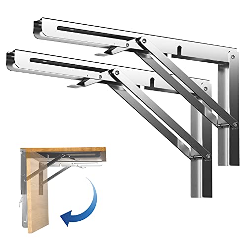 12 inch Sturdy Folding Shelf Brackets Stainless Steel, Heavy Duty Wall Mounted Triangle Brackets for Shelves, Space Saving for Table Work Bench, Pack of 2 ARANA