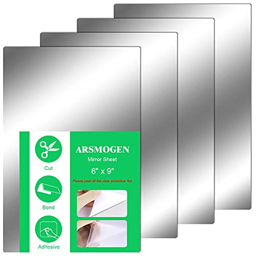 ARSMOGEN 4 Pieces Flexible Cut to Size Mirror Sheet 6 x 9 Self Adhesive Non Glass Mirror Stickers PETG Plastic Mirror