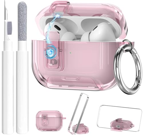 Image of Compatible with Airpods Pro 3 Case Clear with Lock Phone Stand, Soft TPU Magnetic Automatic Lock Apple AirPods Pro 3rd Generation Protective Cover Skin Women Men + Cleaning Kit for iPod Pro3 Case Pink