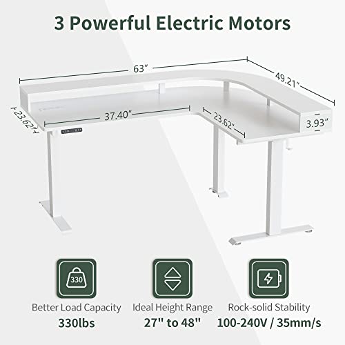 Image of FEZIBO L Shaped Standing Desk with Arc LED & Power Outlet, Exclusive Uprated 3 Motors Support 330LB, Electric Height Adjustable L Shaped Desk with Large Monitor Stand, for Home Office, White