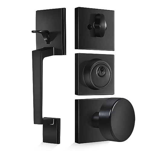 Front Door Handle and Deadbolt Set, Front Door Lock Set with Black Door Knob, Front Door Handleset Matte Black