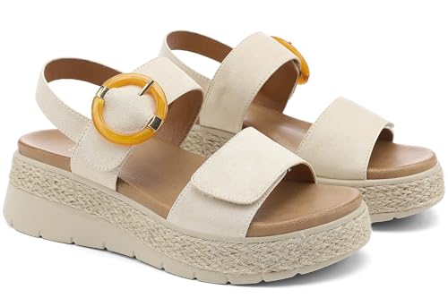 Image of UBFEN Womens Espadrille Platform Sandals Low Wedge Heel - Orthopedic Arch Support, Cushion Insole, Comfortable Dressy Buckle Sandals for Walking and Vacation