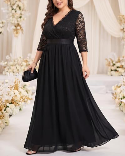 Image of Pinup Fashion Wedding Dresses for Bride Plus Size - Formal Evening Gown Wrap Neck Lace Chiffon Long Dress