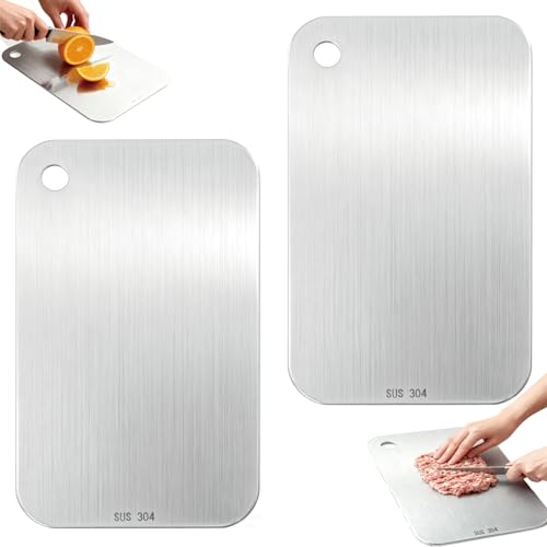 2 Pièces Planche A Decouper en Titane Cuisine Acier Inoxydable Multifonction, Titan Cutting Board Inox Planche à Découper Double Face de Qualité Alimentaire pour Viande Fruits Légumes Pain(25 x 15 CM)