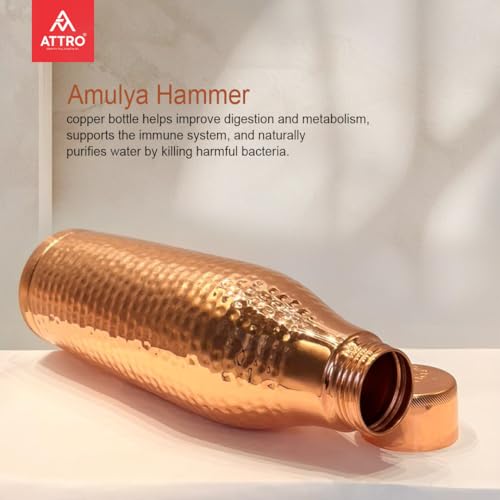 Image of ATTRO Amulya Copper Bottle Design Boosts Immunity Leakproof & Lightweight |Anti-Bacterial, BPA Free with Secure Cap for School, Travel, Gym & Work 1000ml Hammer