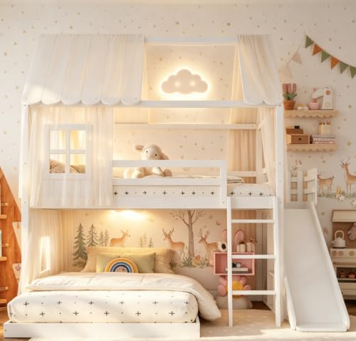 Image of Bellemave Bunk beds Full Over Full with Slide,Ladders,Bookshelf and Wardrobe House roof Design, Low bunk /loft Bed for Kids,White