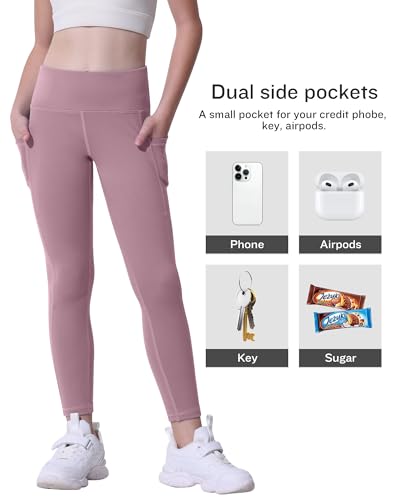 CHRLEISURE Girls' Athletic Leggings with Pockets, 5 Packs Kids Teen Dance Yoga Workout Running Pants for 8-9 Years(BlackGrayPinkGreenBlue, M)