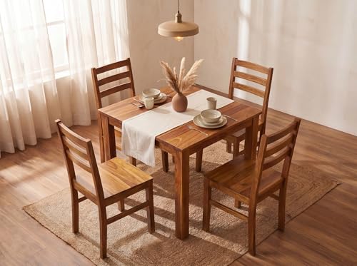 Image of DecorNation Myra Solid Wood 4 Seater Dining Table Set for Home | Premium Wooden Dining Table with 4 Chairs | Natural Finish | Durable Dining Furniture