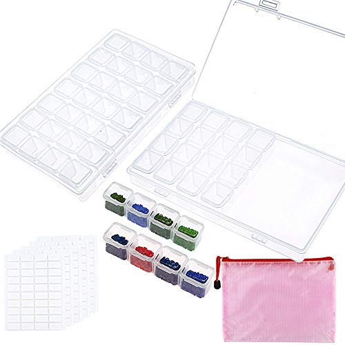 Outuxed 2 Pack 28 Slots Diamond Painting Boxes Diamond Painting Accessory Storage Boxes with Storage Bag and 200 Pieces Craft Label Marker Stickers