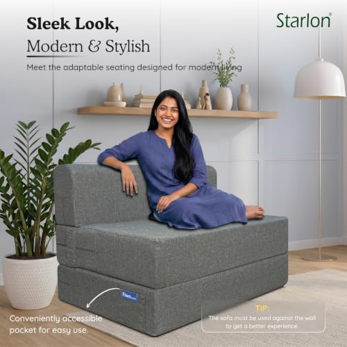 Image of Starlon 1 Seater Foldable Sofa Cum Bed 3-in-1 with Washable Jute Fabric Cover, Space Saving Guest Bed for Living Room & Apartment, Pre-Assembled Ash Gray 3x6 Ft
