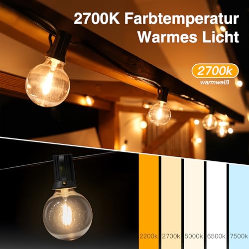 Ollny LED Lichterkette außen 5 M, Lichterkette Outdoor mit 13+1 G40 Glühbirnen, Wasserdichte Lichterkette strom für Garten Camping Balkon Pavillon Terrasse Hochzeiten Partys