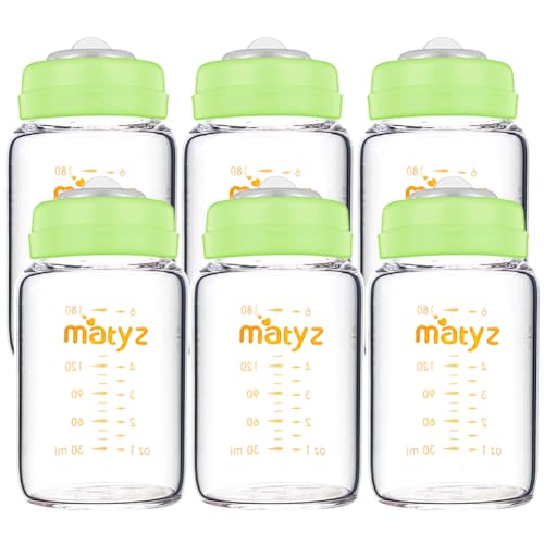 Image of Matyz Glass Breastmilk Storage Bottles, 6 Pack, 6 oz, Compatible with Spectra Medela Breast Pump - Store, Freeze, Warm Up Milk Well - Wide Mouth Breastmilk Storage Containers - No BPA (Green Lids)