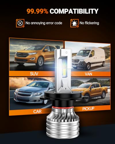 Image of SEALIGHT H4 Bulbs, 120,000LM 1700% Brightness, 9003 HB2 H4 6500K Cool White LED Bulbs, IP68 Waterproof 80,000Hrs Lifespan, 5X Heat Dissipation Driving LED Bulbs, Plug and Play, 2 Pack