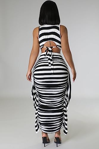 Image of YUEWOO 2 Piece Outfits for Women Sexy Crop Top Ruched Bodycon Maxi Dresses Fringe Skirt Sets Night Club Jumpsuits
