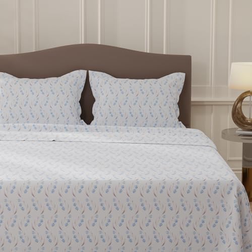 Image of Layers 100% Cotton Bedsheet for Double Size Bed | Lumina Floret Collection | 144 TC Soft & Breathable | Floral Print with 2 Pillow Covers | Wrinkle Free & Colorfast | 3 Piece Bedding Set - Blue