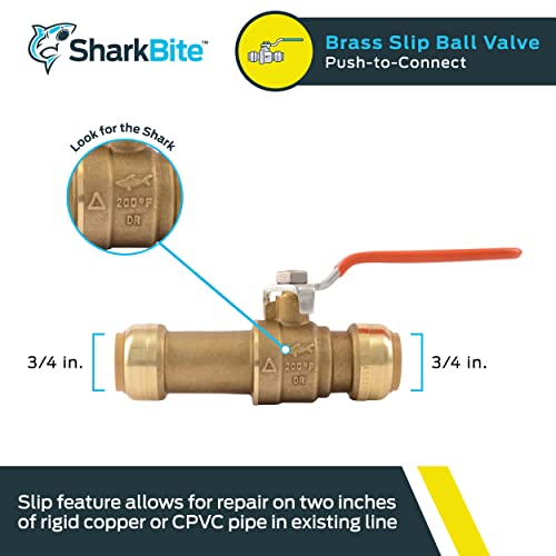 Image of SharkBite 3 /4 Inch Slip Ball Valve, Push to Connect Brass Plumbing Fitting, PEX Pipe, Copper, CPVC, PE-RT, HDPE, 24736LF