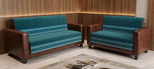 Image of KINGLY Sofa Cover 5 Seater 3+2 Velvet Full Cover - Teal Blue | Fully covered quilted velvet slipcover, washable anti-slip thick furniture protector for 3+2 living room sofa