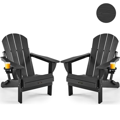Ciokea Folding Adirondack Chair Wood Texture 2 Pack, Patio Adirondack Chair Weather Resistant, Plastic Fire Pit Chair with Cup Holder, Lawn Chair for Outdoor Porch Garden Backyard Deck (Black)