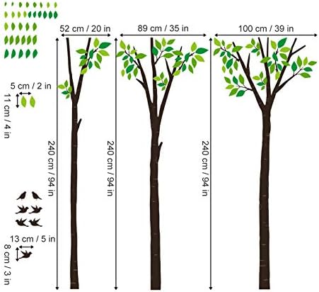 decalmile Large Tree Wall Decals Green Leaves Birds Wall Stickers Living Room Bedroom Sofa TV Background Wall Art Decor (H:240 CM)