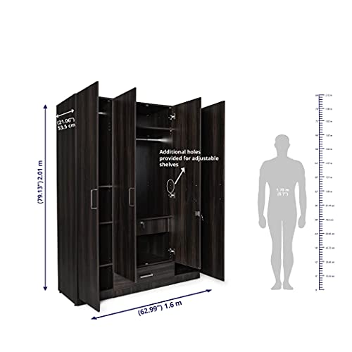 Image of Wakefit Wardrobe | 1 Year Warranty | Engineered Wood Almirah, Cupboard for Clothes Storage | 4 Door, 1 Drawer, 2 Hanging Space | Cashmere - Dark Brown