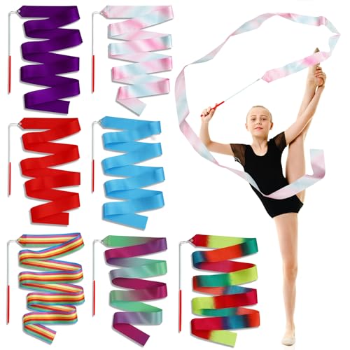 Cokaca 7 Piezas Cintas de Baile, Cinta Gimnasia Rítmica Niña de 2 Metros con Varita Giratoria, Cintas de Danza Rítmica para Niños – Ideal para Baile Artístico, Gimnasia, Entrenamiento y Actuaciones