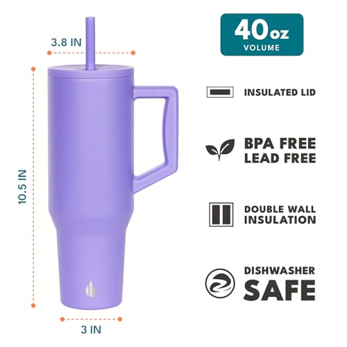 Image of Elemental Spill Proof 40oz Insulated Tumbler with Handle & Straw Travel Mug | Stainless Steel Commuter Travel Coffee Mug for Cold Beverages, Includes 2 Straws & a Spill Proof Lid for Everyday Use