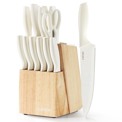 CAROTE 15-Piece Knife Set, Wood Block with Built-In Sharpener, Cream