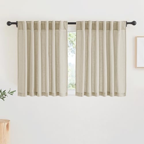 RYB HOME Linen Sheer Curtains - Solid Privacy Textured Semi Sheer Drapes Light Glare Filtering Airy Window Covering for Living Room Bedroom Doorway, Beige, W 52 x L 45 inches Long, 2 Panels