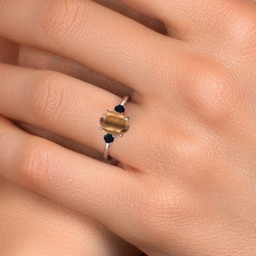 Gem Stone King 14K White Gold Brown Tiger Eye and Black Onyx Engagement Ring For Women | 1.70 Cttw | Oval 9X7MM | Gemstone Birthstone | Available in Size 5,6,7,8,94
