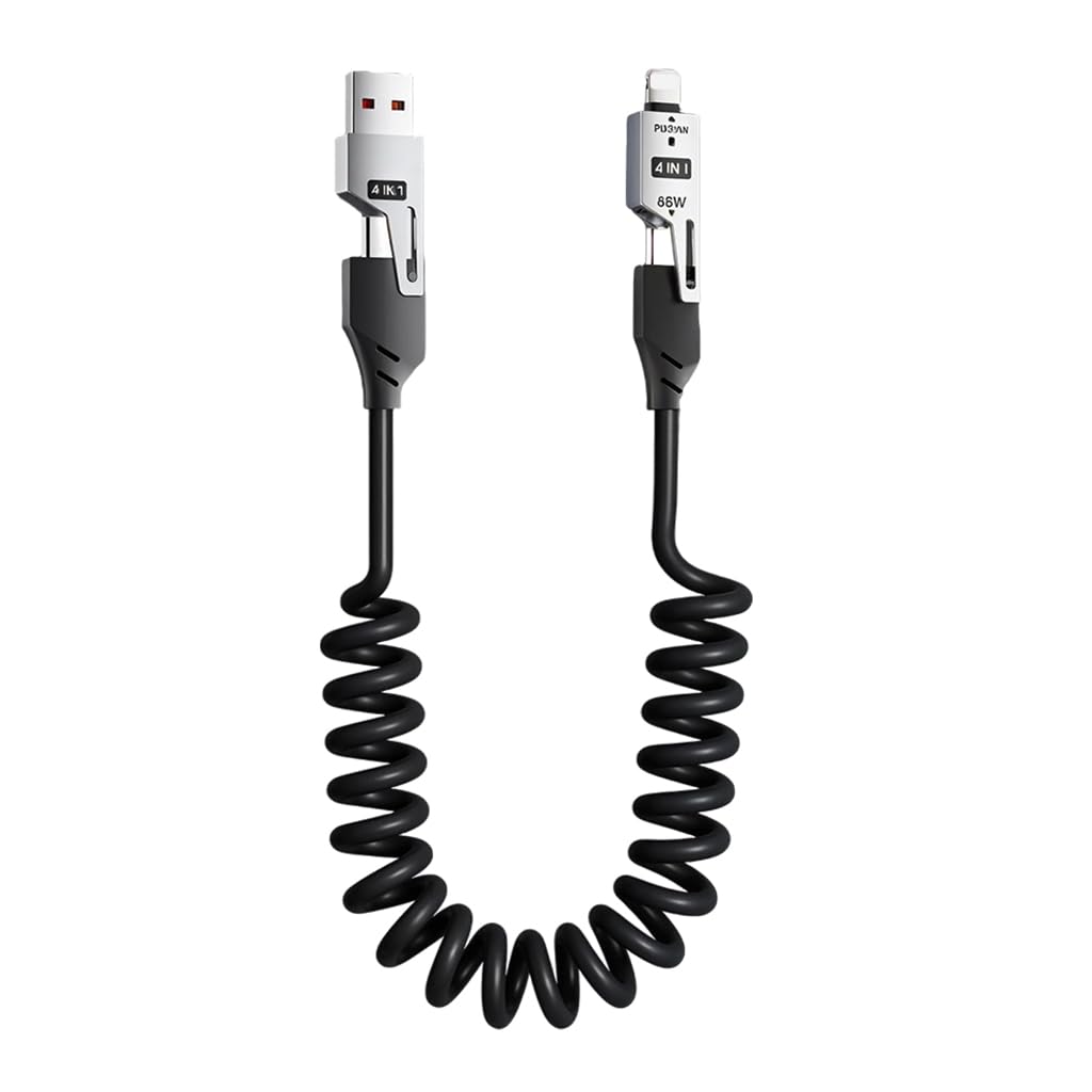 Verilux 4 in1 Type C Cable with Spring, PD65W C Type Cable Fast Charging, 480Mbps Data Transfer USB to Type C Cable, Multi Adjustable Cable with Type C/USB A/Light-ning Port for iPhone 16/15, Black Verilux 4 in1 Type C Cable with Spring, PD65W C Type Cable Fast Charging, 480Mbps Data Transfer USB to Type C Cable, Multi Adjustable Cable with Type C/USB A/Light-ning Port for iPhone 16/15, Black
