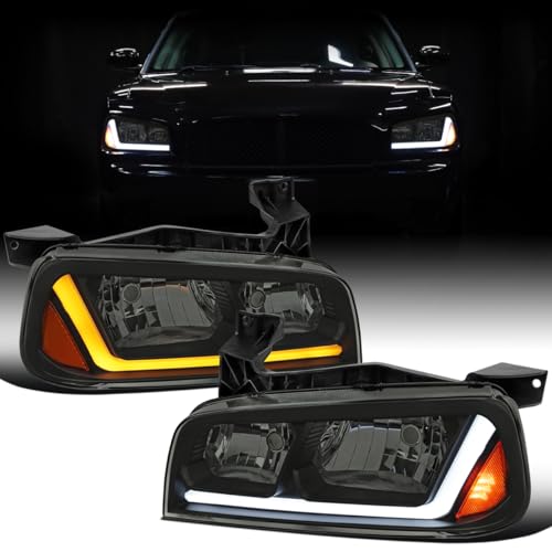 Ronnin - Fits 2006-2010 Dodge Charger Upgraded Replacement LED Tube Switchback Sequential Turn Signal Halogen Headlights Assembly Pair | Black Smoke