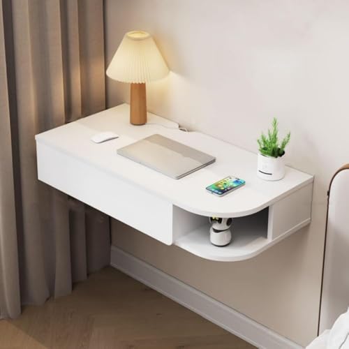 Usknxiu Estante de Pared de Madera con cajones, tocador Flotante Blanco Que Ahorra Espacio, Escritorio Colgante para estación de Trabajo de Oficina, Mesa para portátil,White 2,L47.2in